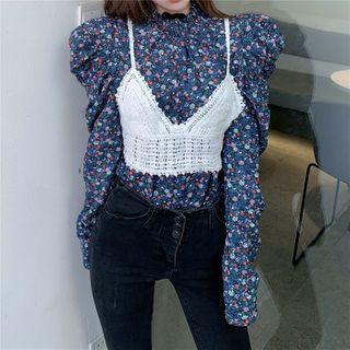 Set: Sleeveless Top + Mock-neck Floral Blouse