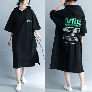 Elbow-sleeve Lettering Midi Hoodie Dress Black - One Size