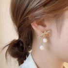 Bow Faux Pearl Dangle Earring 1 Pair - Gold - One Size
