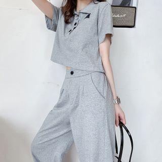Set: Short-sleeve Applique Collared T-shirt + Wide-leg Pants