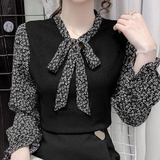 Long-sleeve Floral Print Panel Knit Top