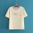 Contrast-trim Round Neck Bus Print T-shirt As Shown In Figure - One Size