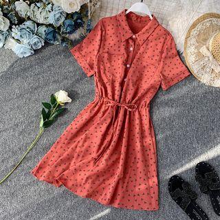 Pocket-front Printed Short-sleeve Drawstring Shirtdress