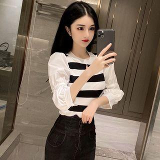 Shirred-sleeve Keyhole Knit Top