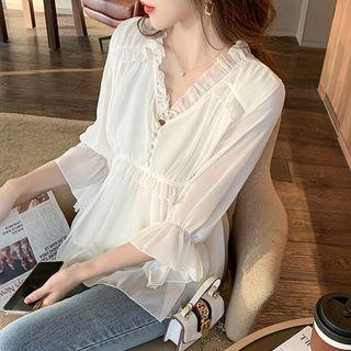 Elbow-sleeve Plain Ruffle Trim Chiffon Blouse