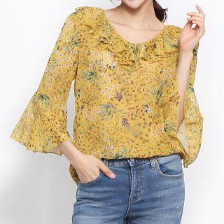 3/4-sleeve Ruffled Pattern Chiffon Top