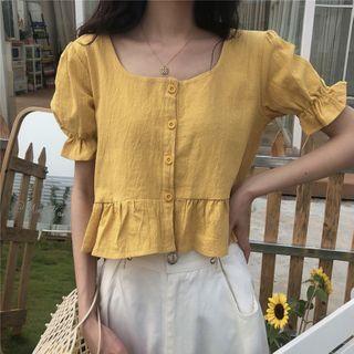 Puff-sleeve Buttoned Square-neck Crop Top
