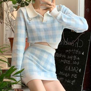 Lapel Plaid Knit Top / Plaid Sheath Semi Skirt