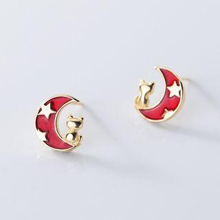Crescent Cat Stud Earring 1 Pair - Gold & Red - One Size