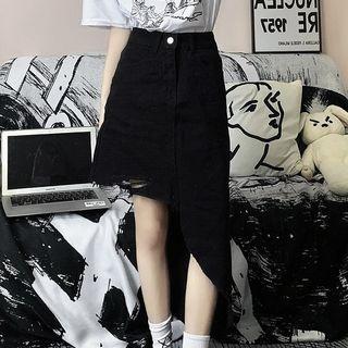 High Waist High-low Distressed Denim Skirt