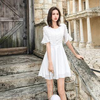 Bell-sleeve Plain A-line Mini Dress