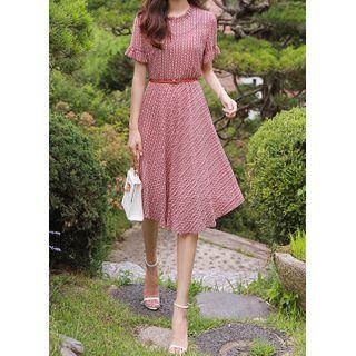 Belted Shirred Midi Patterned Dress