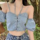 Elbow-sleeve Cold-shoulder Denim Crop Top