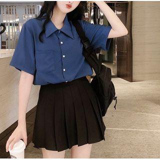 Short-sleeve Plain Shirt / Pleated A-line Mini Skirt