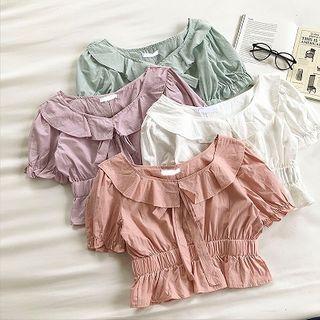 Plain Crewneck Ruffled-trim Lace-up Short-sleeve Top