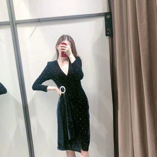 Glitter Long-sleeve A-line Mini Velvet Wrap Dress