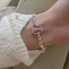 Heart Rhinestone Alloy Bracelet Sl0722 - Silver & Pink - One Size