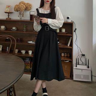 High-waist Tie-waist A-line Jumper Skirt / Long-sleeve Plain Top