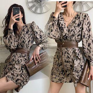 Long-sleeve Leopard Print Ruffle Mini Dress