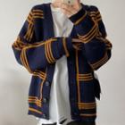 Hooded Contrast Plaid Knit Cardigan As Shown In Figure - One Size