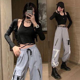 Cold-shoulder Cropped Top / Buckled Cargo Pants / Grommet Belt / Set