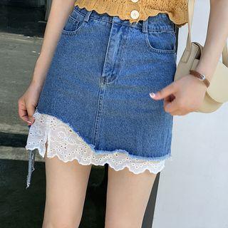 Lace-panel Denim Mini Skirt