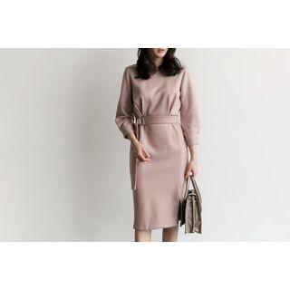 Smocked-waist Zip-back Dress With Belt