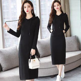 Hooded Long-sleeve Midi Sheath Dress