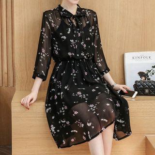 Set: Floral Print Tie-neck Chiffon Dress + Slipdress