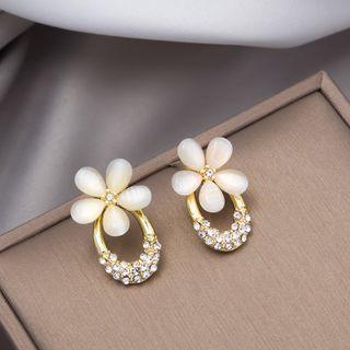 Flower Cat Eye Stone Rhinestone Alloy Earring E1990-4 - 1 Pr - Gold - One Size