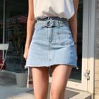 Inset Shorts Belted Denim Miniskirt