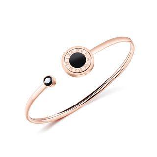 Elegant Plated Rose Gold Roman Numeral Geometric Round 316l Stainless Steel Bangle With Black Cubic Zirconia Rose Gold - One Size