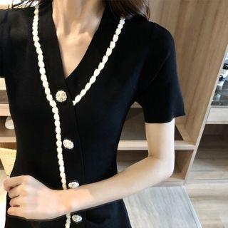 Short-sleeve Embellished Buttoned A-line Mini Dress