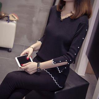 3/4-sleeve Beaded Knit Top