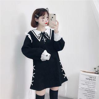 Long-sleeve Frill-trim Collared Mini A-line Dress