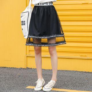 Lettering Mesh Panel A-line Mini Skirt