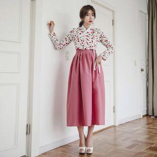 Set: Hanbok Top (floral / Ivory) + Skirt (maxi / Purple)