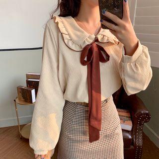 Long-sleeve Bow Accent Blouse Khaki - One Size