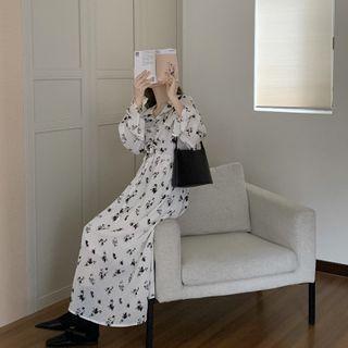 Long-sleeve Floral A-line Dress Black Flower - White - One Size