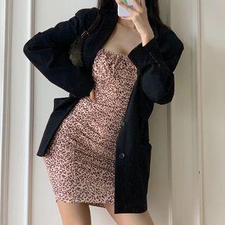 Plain Blazer / One-shoulder Leopard Print Mini Sheath Dress