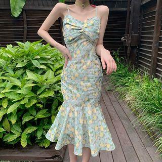 Spaghetti Strap Floral Midi Mermaid Dress Green - One Size