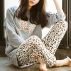 Loungewear Set: Printed Long-sleeve T-shirt + Leopard Print Pants