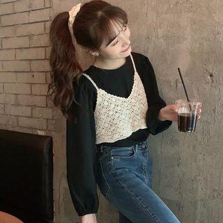 Plain Puff-sleeve Blouse / Crochet-knit Cropped Camisole Top