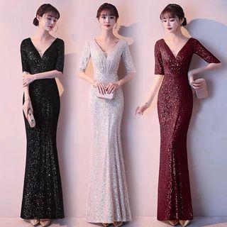 Glitter V-neck Elbow-sleeve Sheath Evening Gown