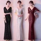 Glitter V-neck Elbow-sleeve Sheath Evening Gown
