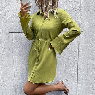 Bell-sleeve Tie-waist Textured Button-up Mini Dress