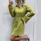 Bell-sleeve Tie-waist Textured Button-up Mini Dress