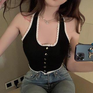 Sleeveless Lace Halter Top Black - One Size