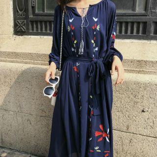 Long-sleeve Embroidered Midi Chiffon Dress