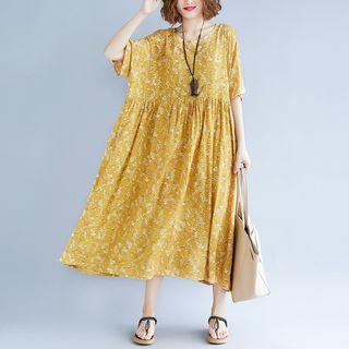 Short-sleeve Floral Midi Dress Yellow - One Size